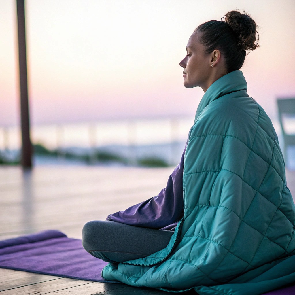 Person practicing mindful breathing with a weighted blanket